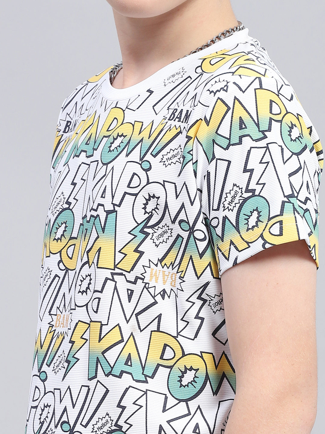 Boys White Printed Round Neck Half Sleeve T-Shirt