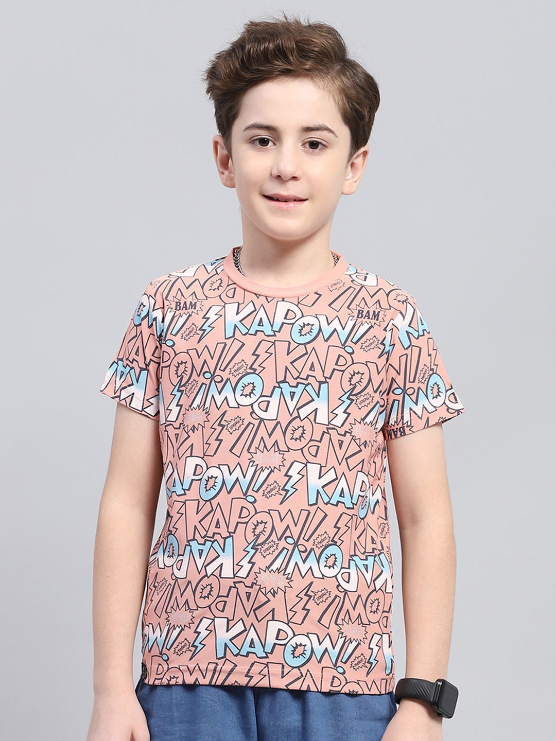 Boys Peach Printed Round Neck Half Sleeve T-Shirt