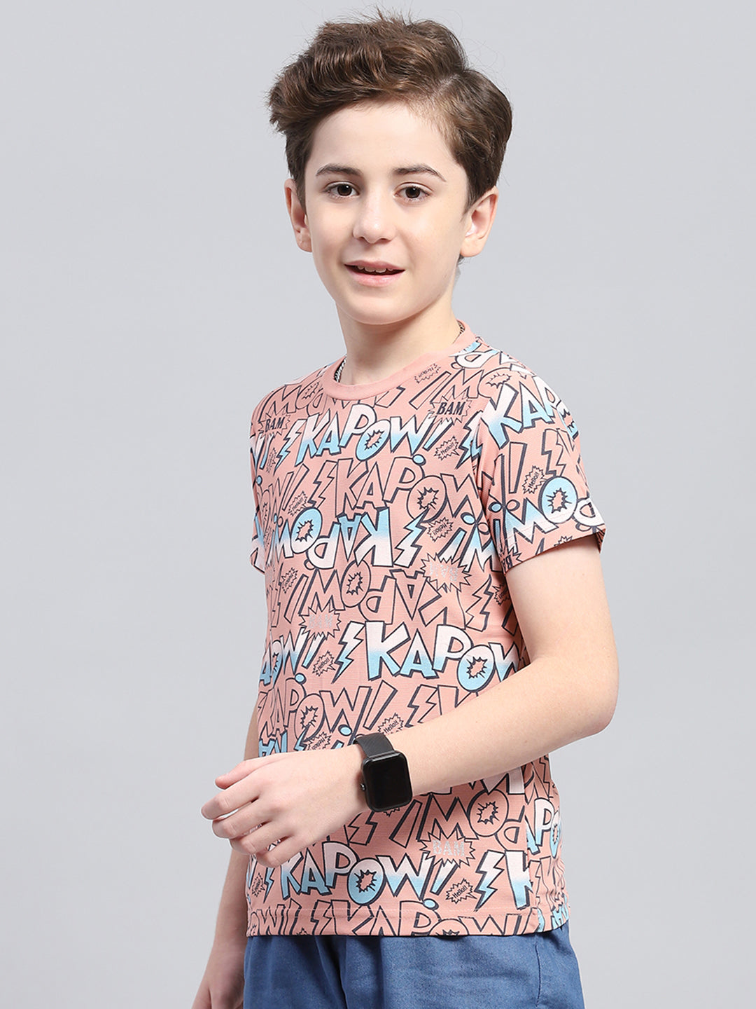 Boys Peach Printed Round Neck Half Sleeve T-Shirt