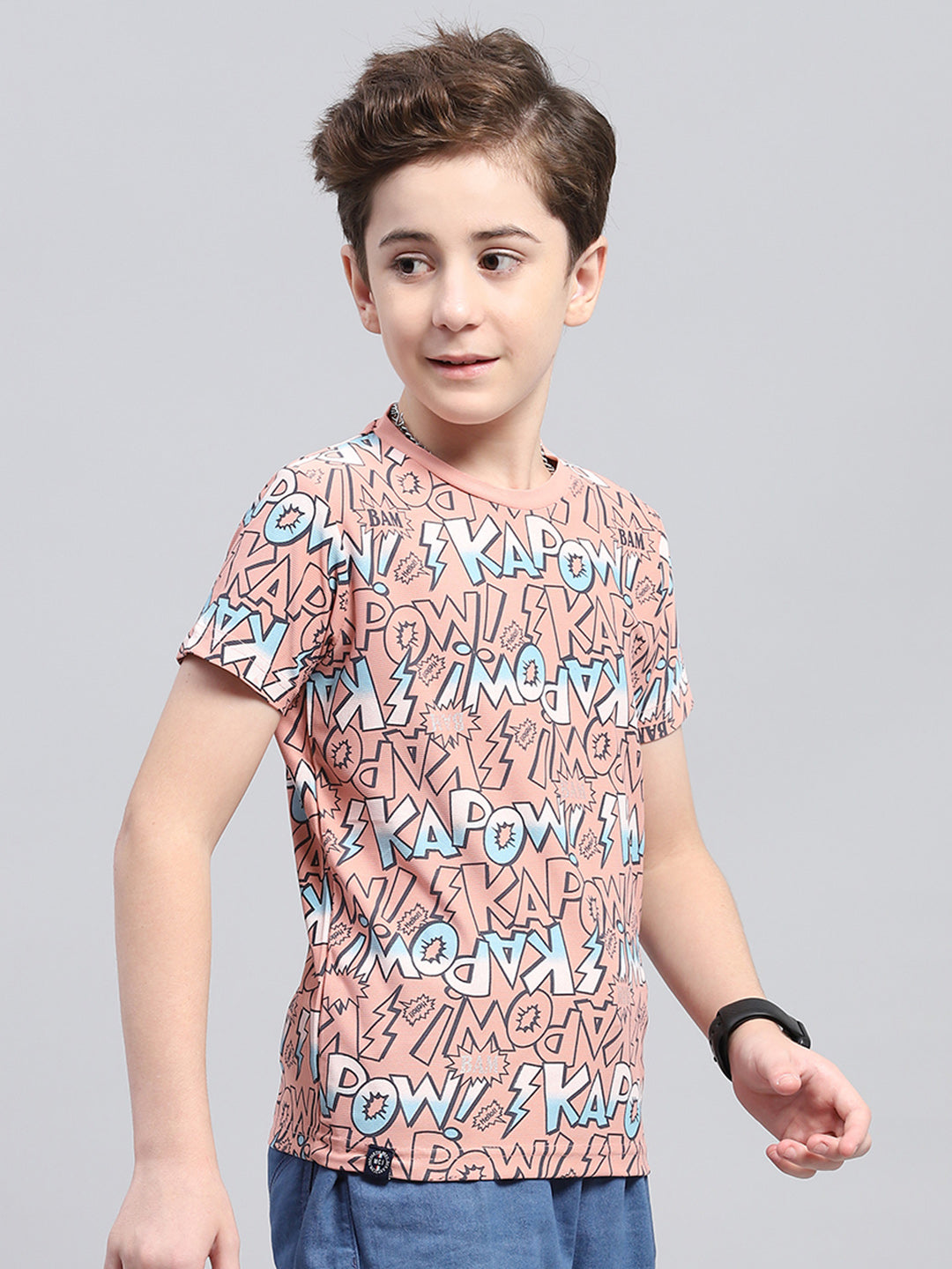 Boys Peach Printed Round Neck Half Sleeve T-Shirt