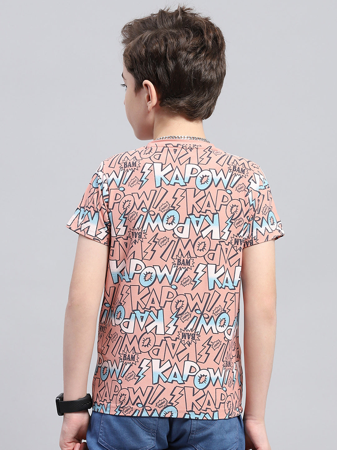 Boys Peach Printed Round Neck Half Sleeve T-Shirt