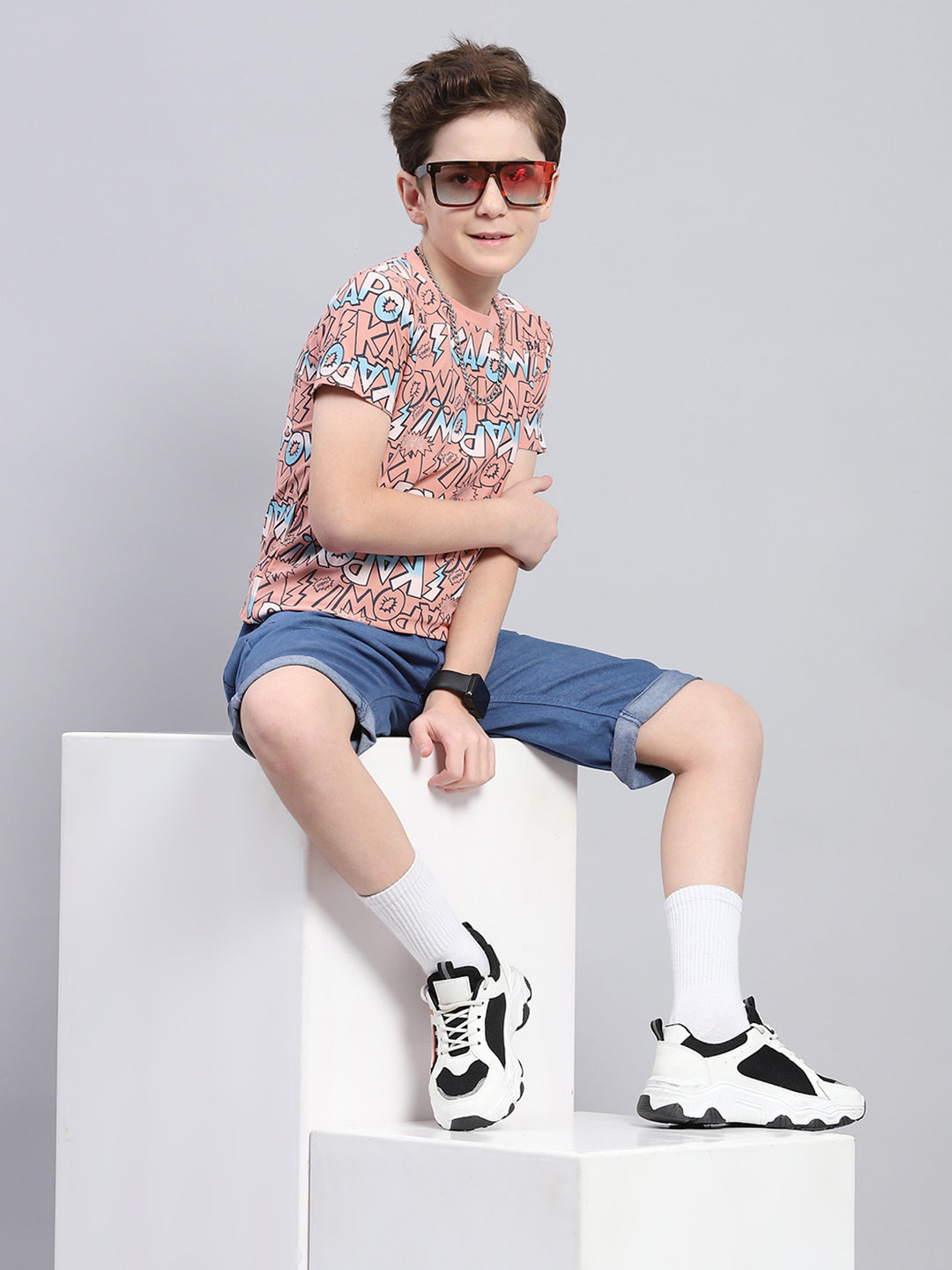 Boys Peach Printed Round Neck Half Sleeve T-Shirt