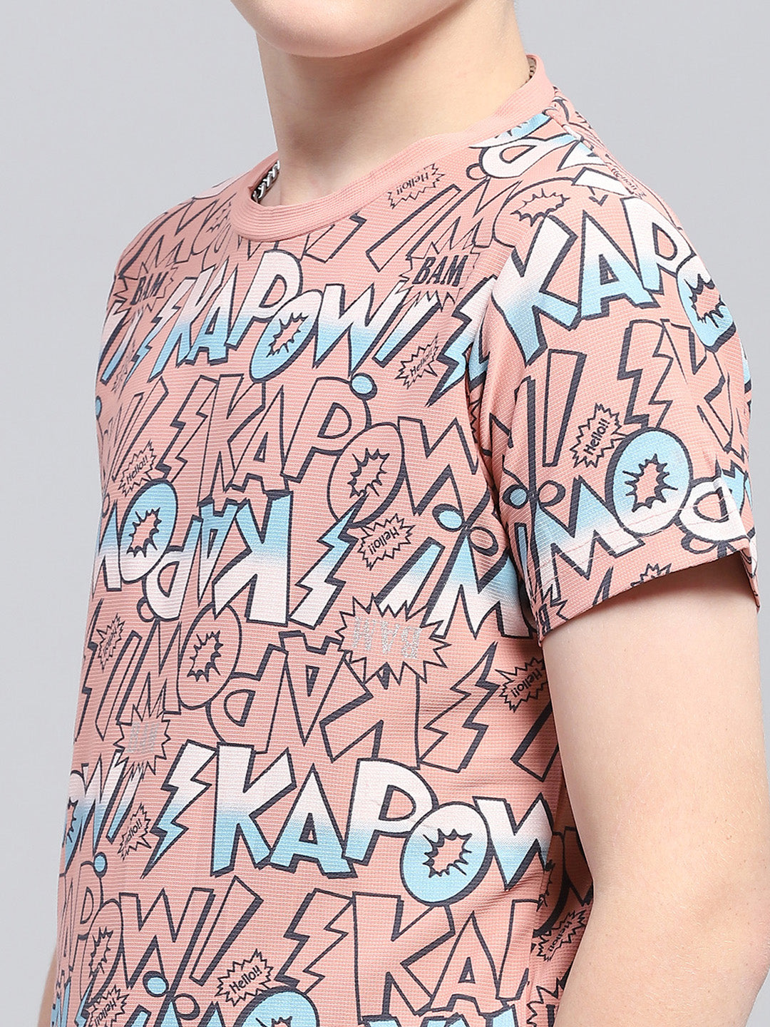 Boys Peach Printed Round Neck Half Sleeve T-Shirt