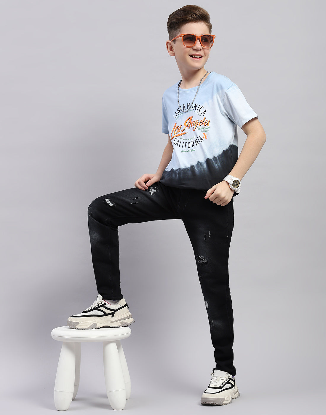 Boys Blue Printed Round Neck Half Sleeve T-Shirt