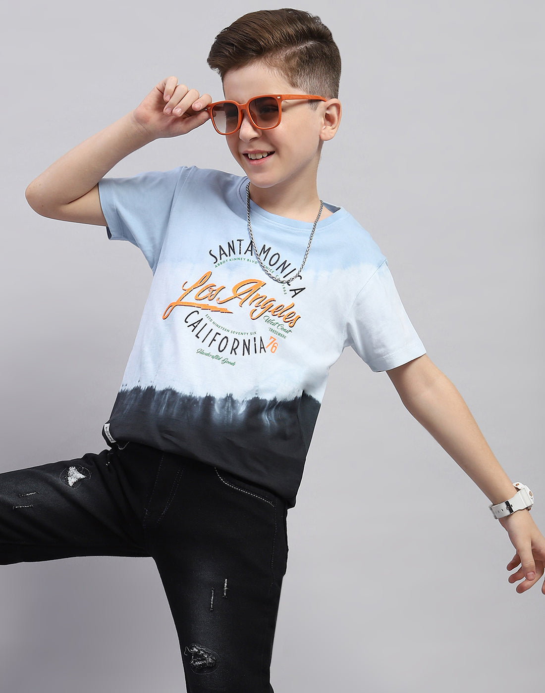 Boys Blue Printed Round Neck Half Sleeve T-Shirt