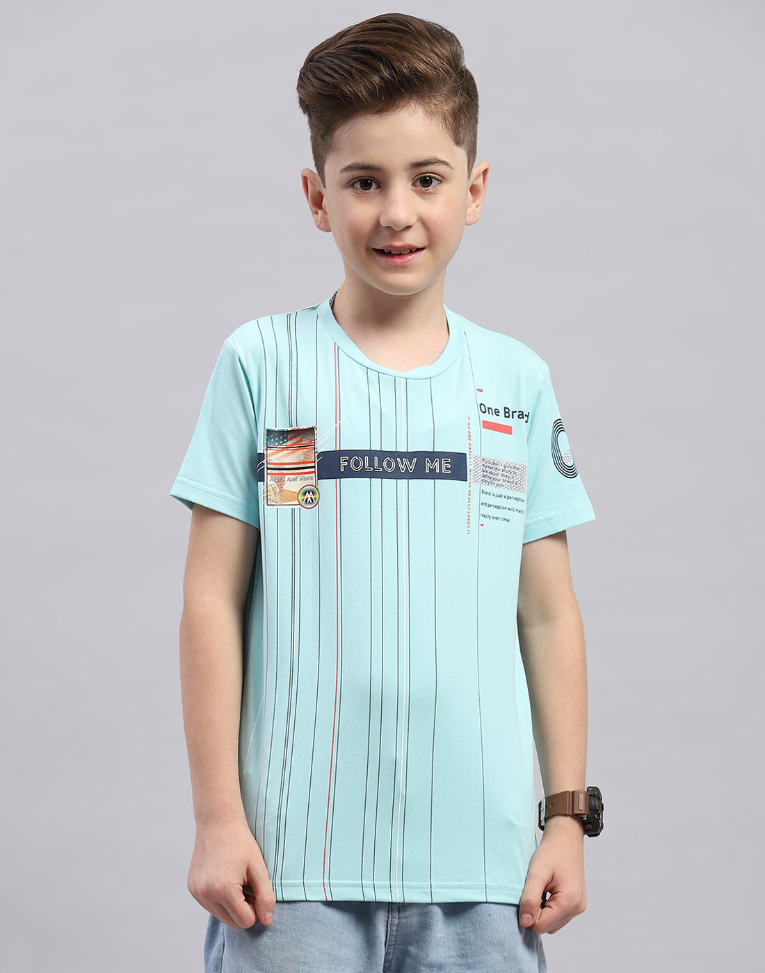 Boys Aqua Blue Printed Round Neck Half Sleeve T-Shirt