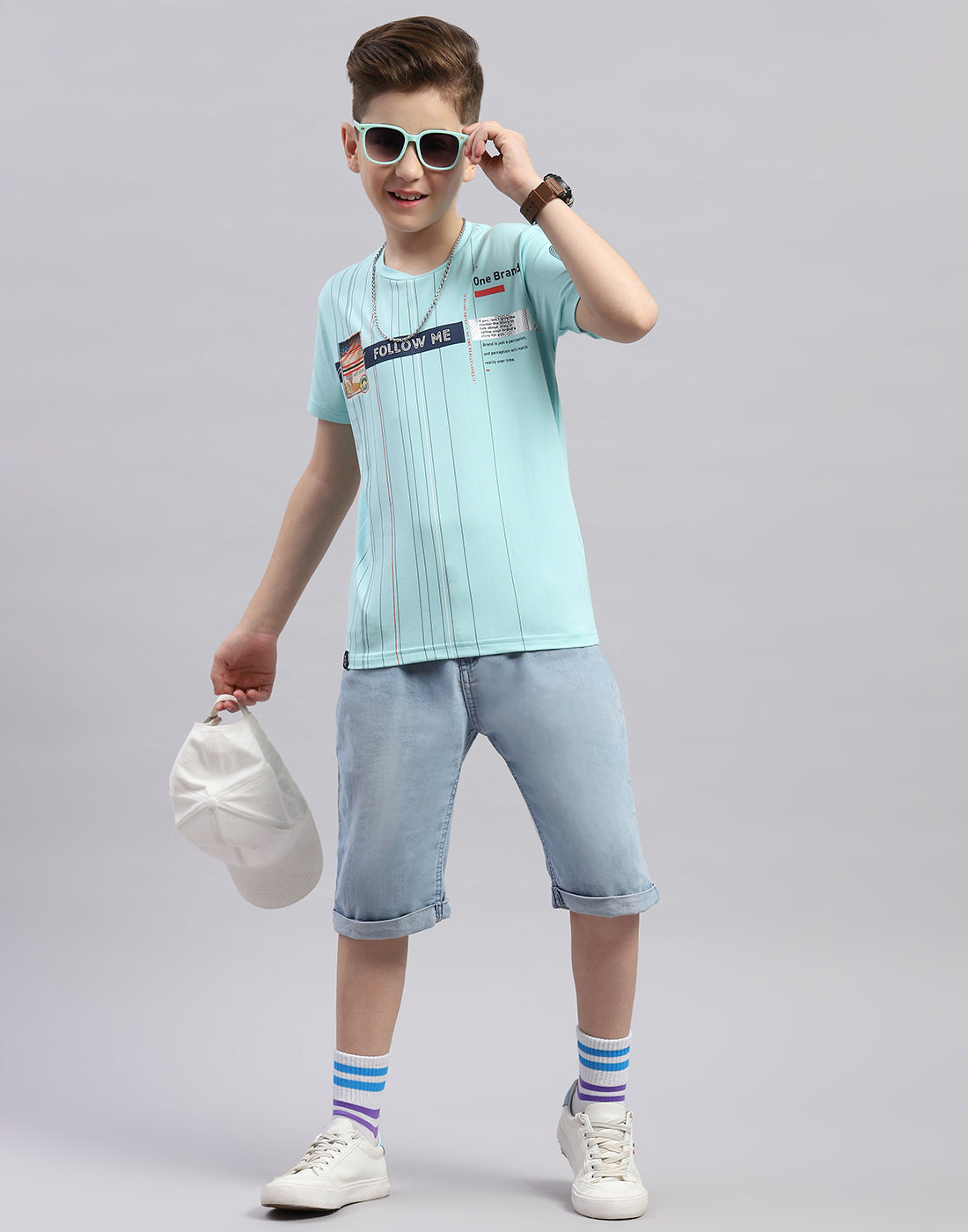 Boys Aqua Blue Printed Round Neck Half Sleeve T-Shirt