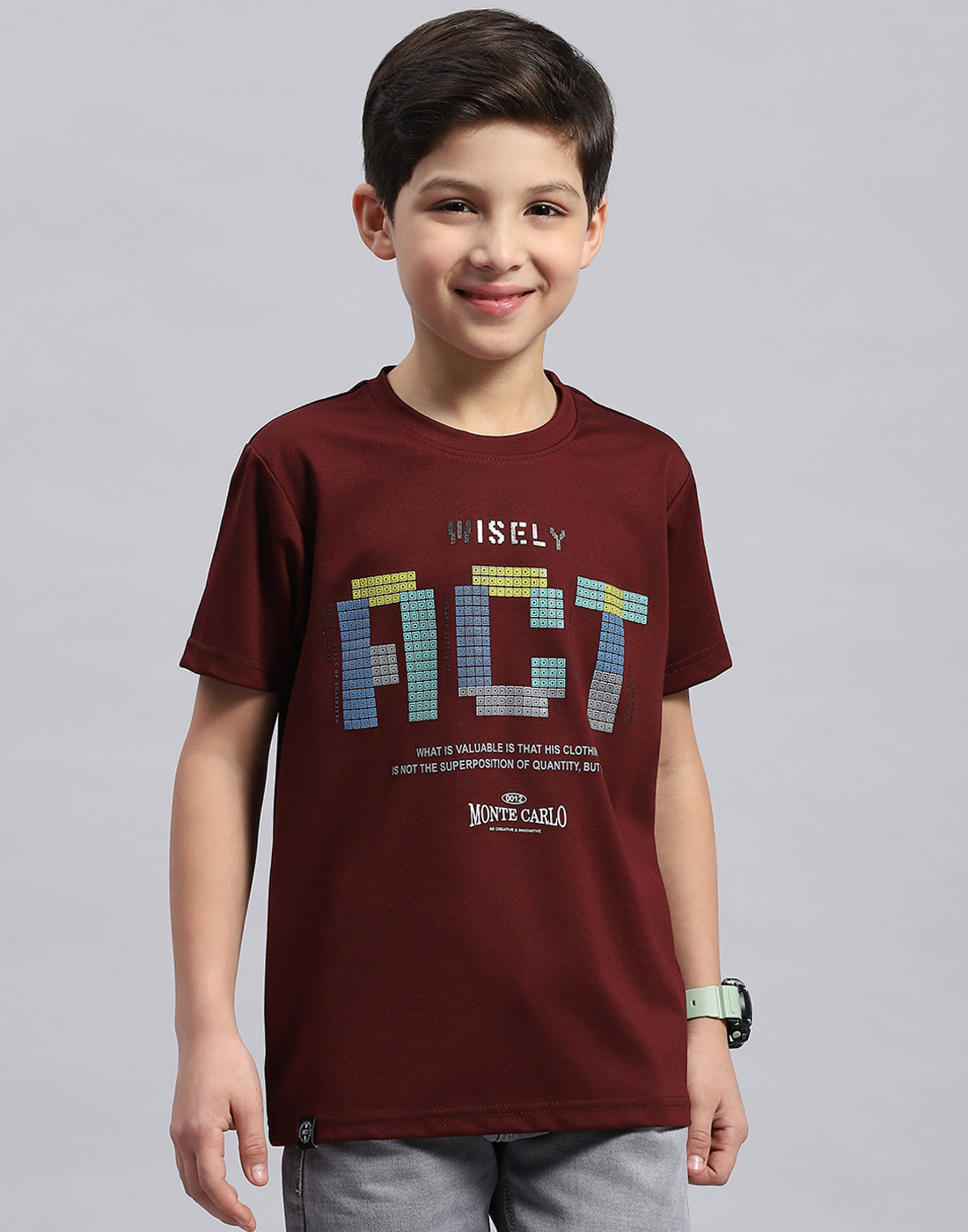 Boys Maroon Printed Round Neck Half Sleeve T-Shirt