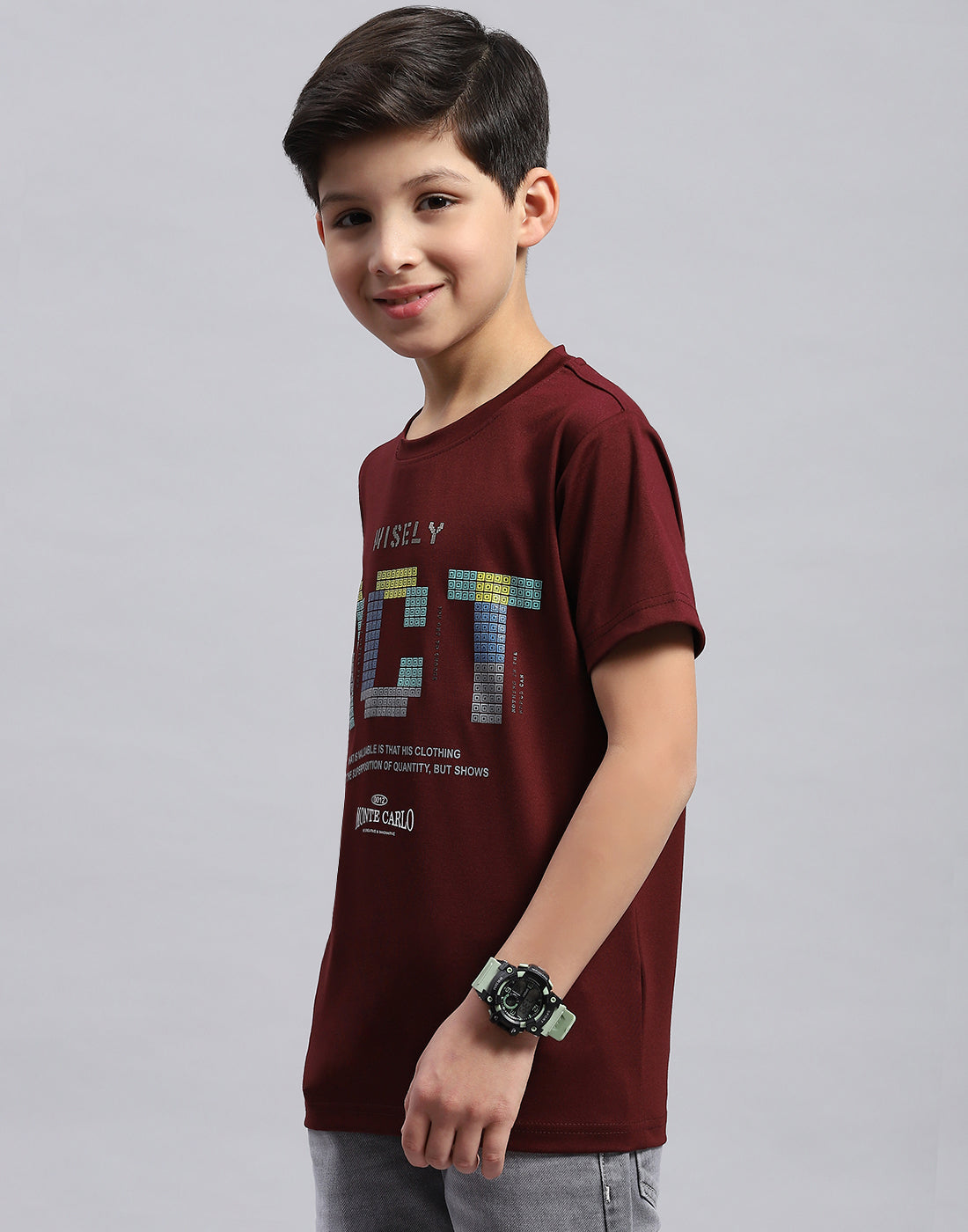 Boys Maroon Printed Round Neck Half Sleeve T-Shirt