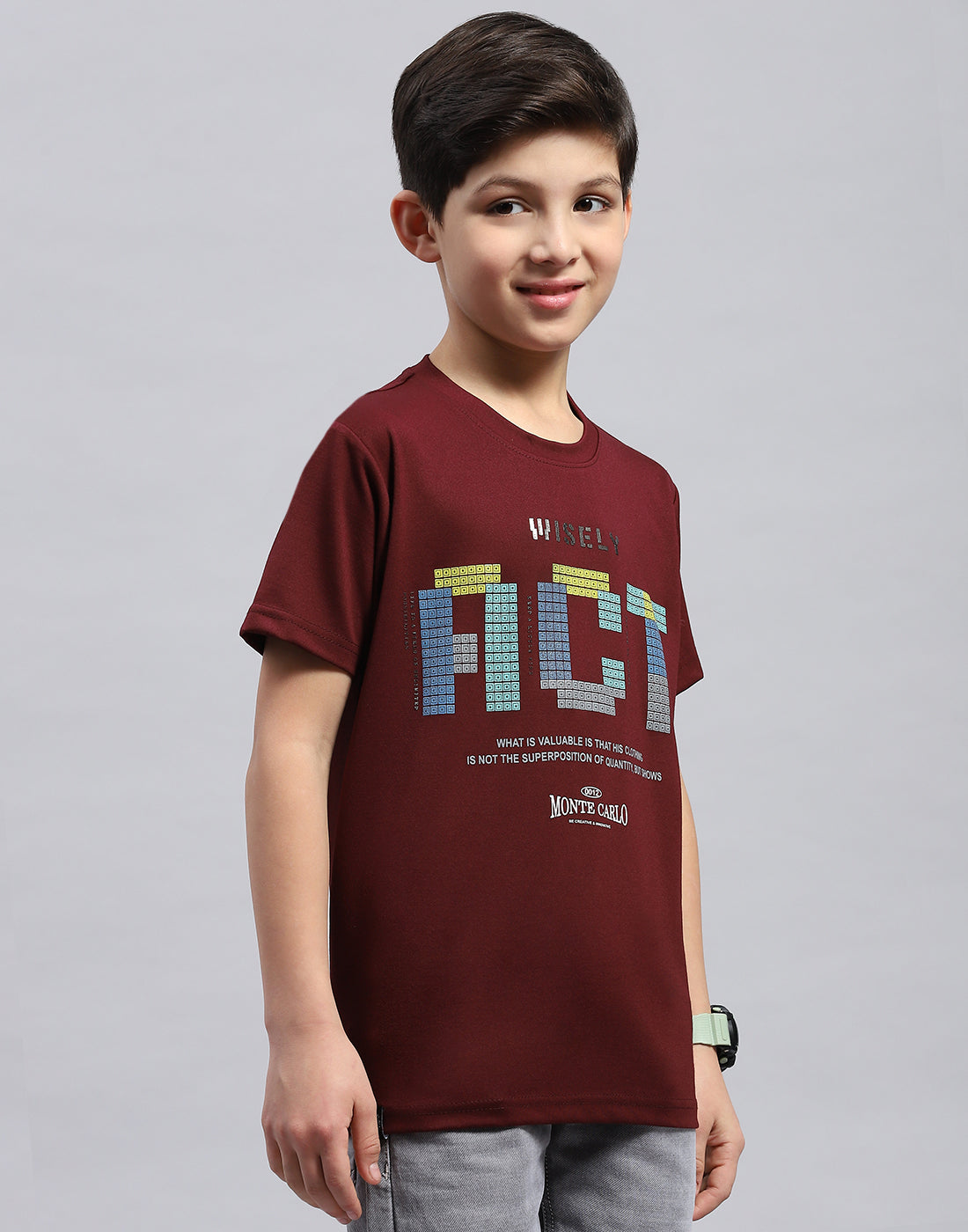 Boys Maroon Printed Round Neck Half Sleeve T-Shirt