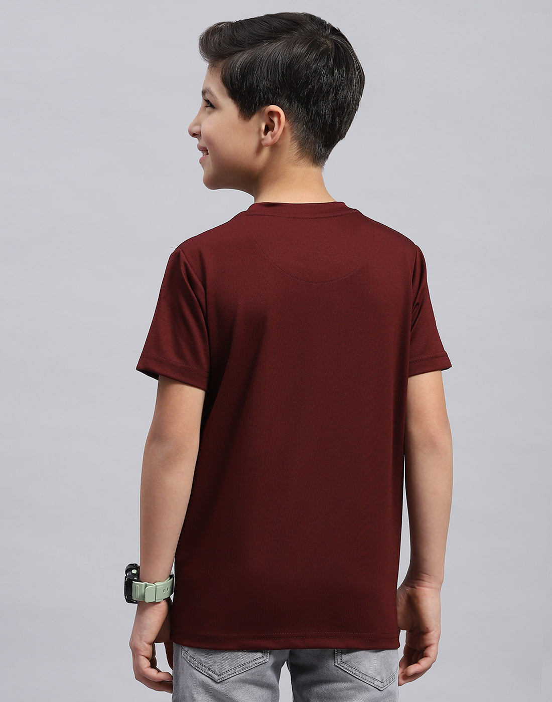 Boys Maroon Printed Round Neck Half Sleeve T-Shirt