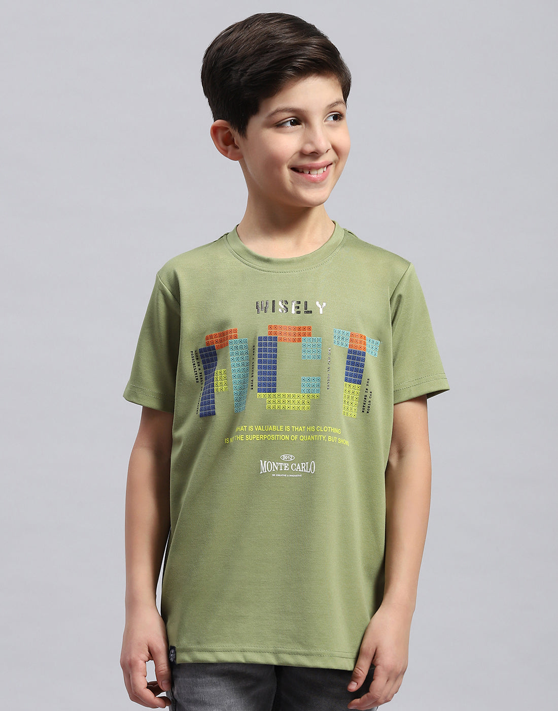 Boys Green Printed Round Neck Half Sleeve T-Shirt