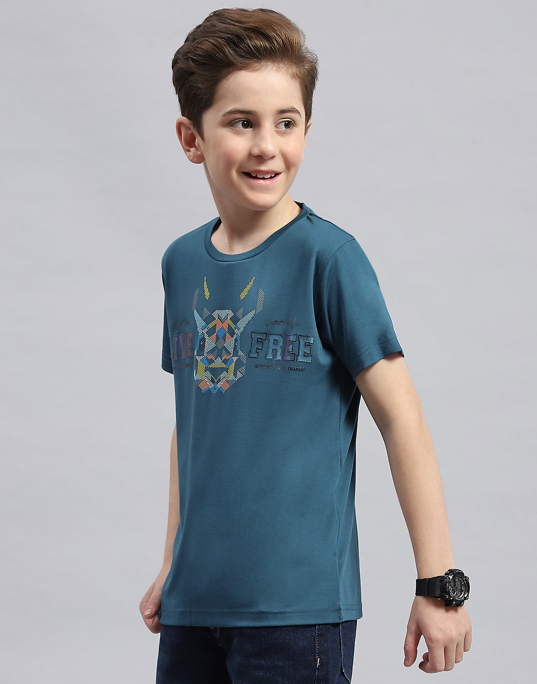 Boys Teal Blue Printed Round Neck Half Sleeve T-Shirt