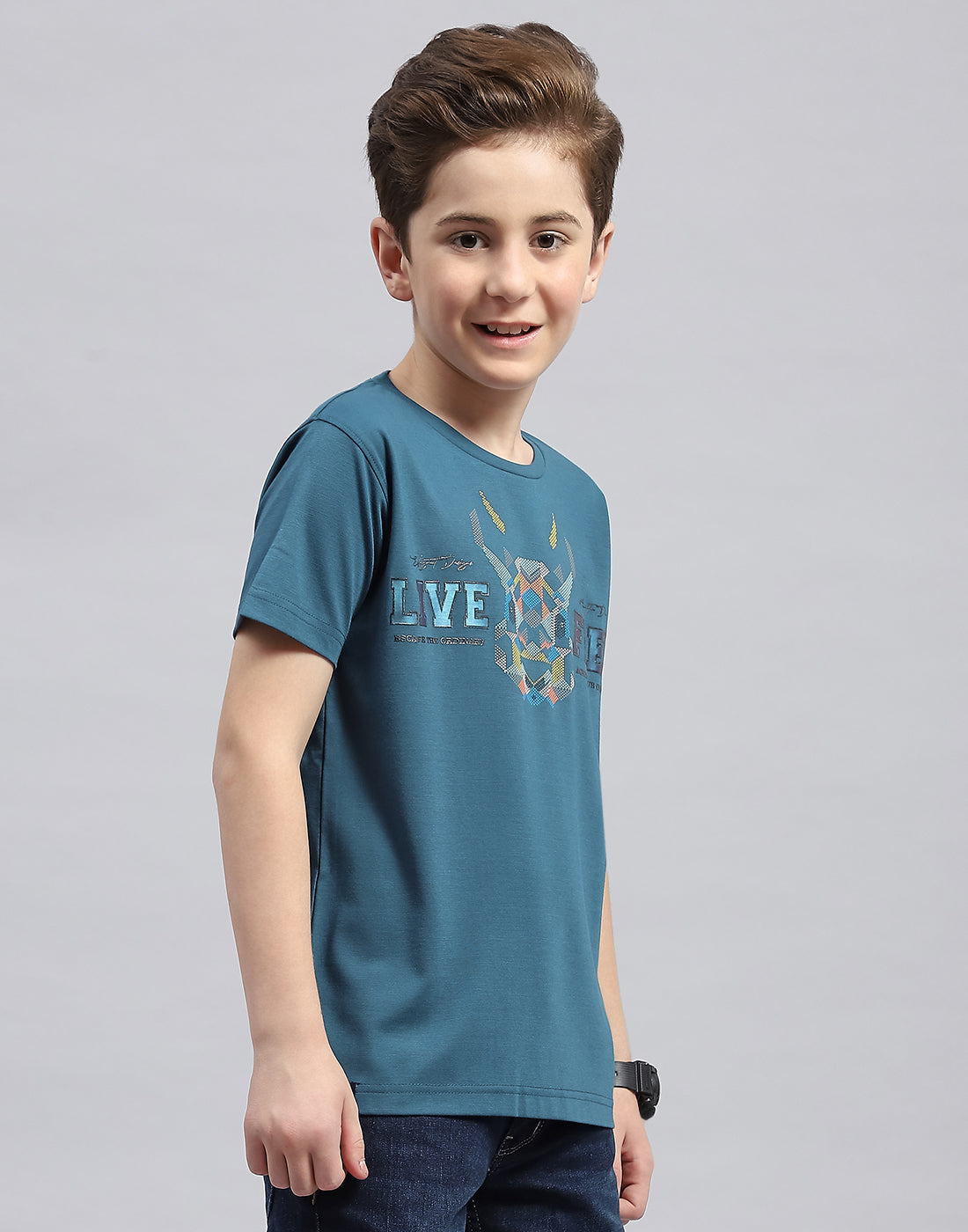 Boys Teal Blue Printed Round Neck Half Sleeve T-Shirt