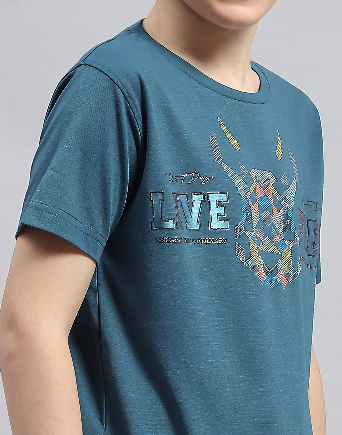Boys Teal Blue Printed Round Neck Half Sleeve T-Shirt