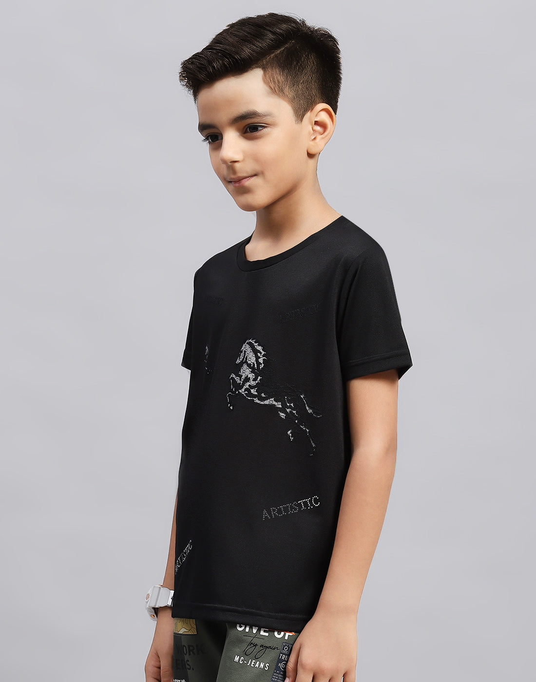 Boys Black Printed Round Neck Half Sleeve T-Shirt