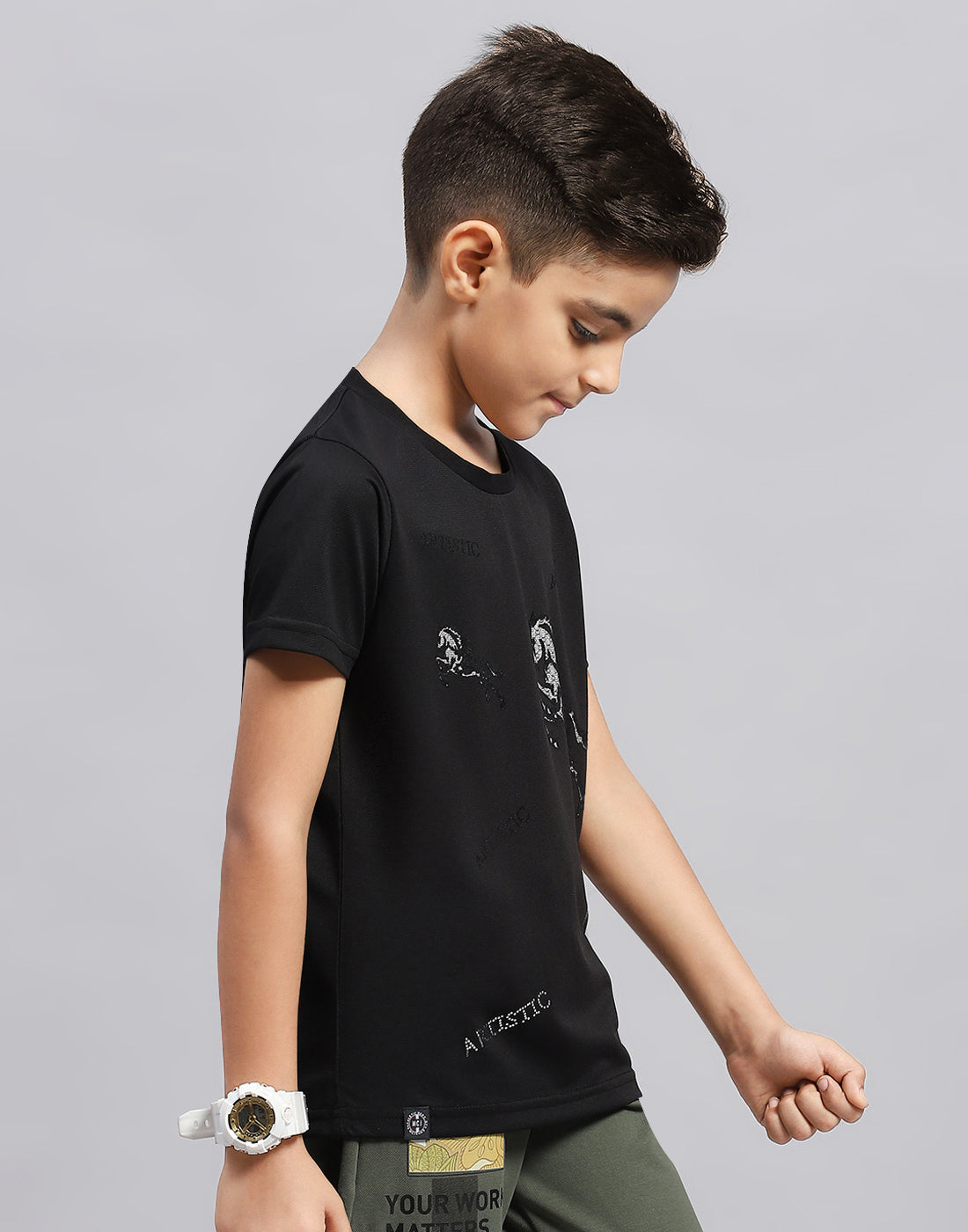 Boys Black Printed Round Neck Half Sleeve T-Shirt