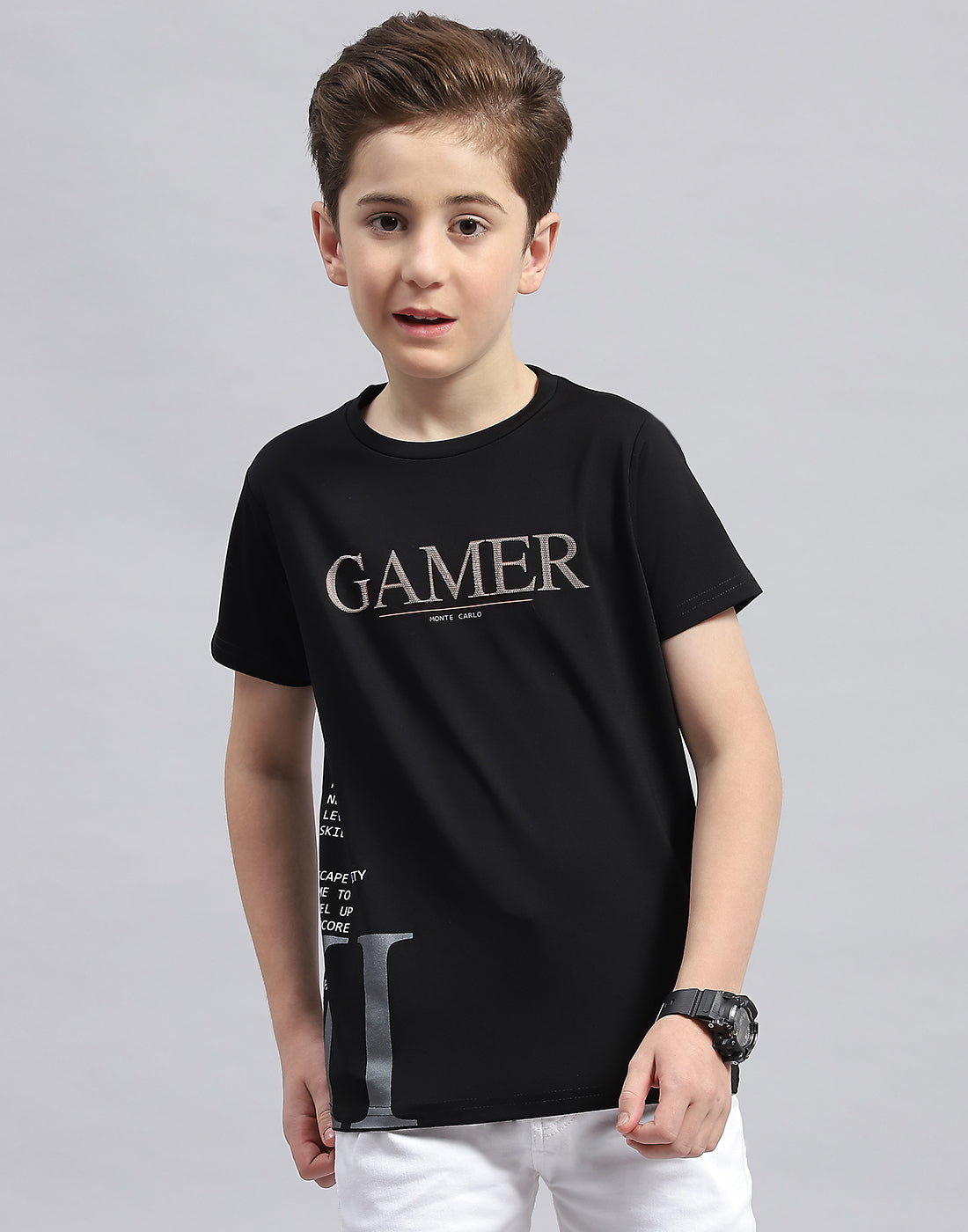 Boys Black Printed Round Neck Half Sleeve T-Shirt