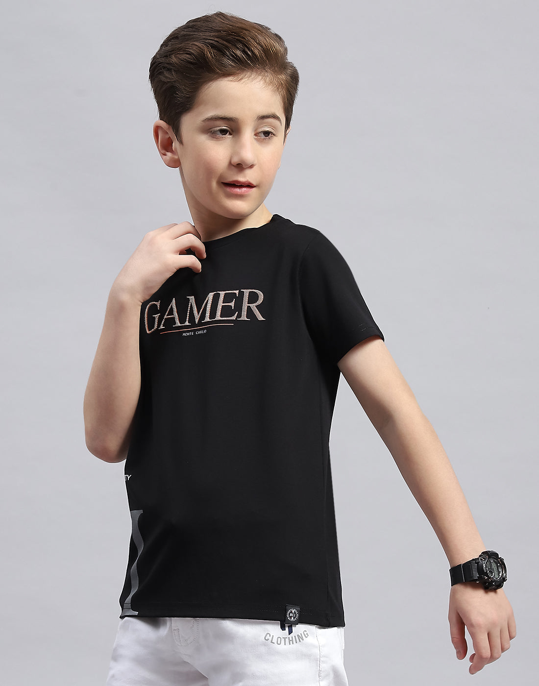 Boys Black Printed Round Neck Half Sleeve T-Shirt