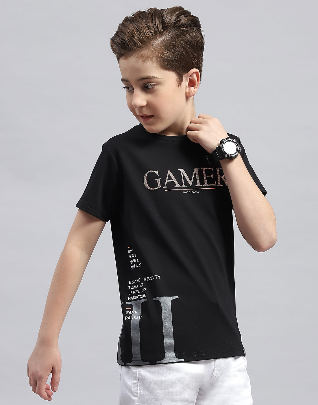 Boys Black Printed Round Neck Half Sleeve T-Shirt