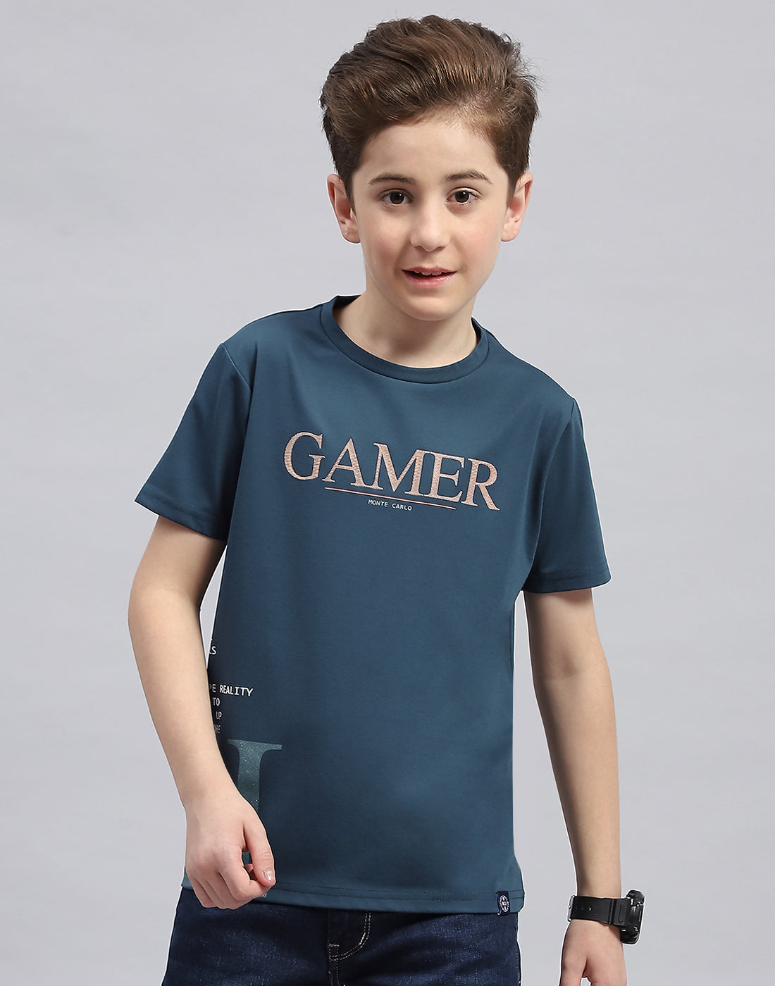 Boys Teal Blue Printed Round Neck Half Sleeve T-Shirt