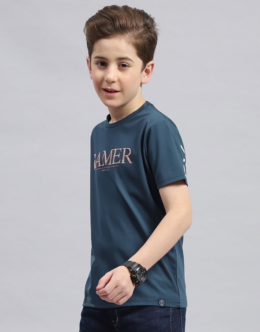 Boys Teal Blue Printed Round Neck Half Sleeve T-Shirt