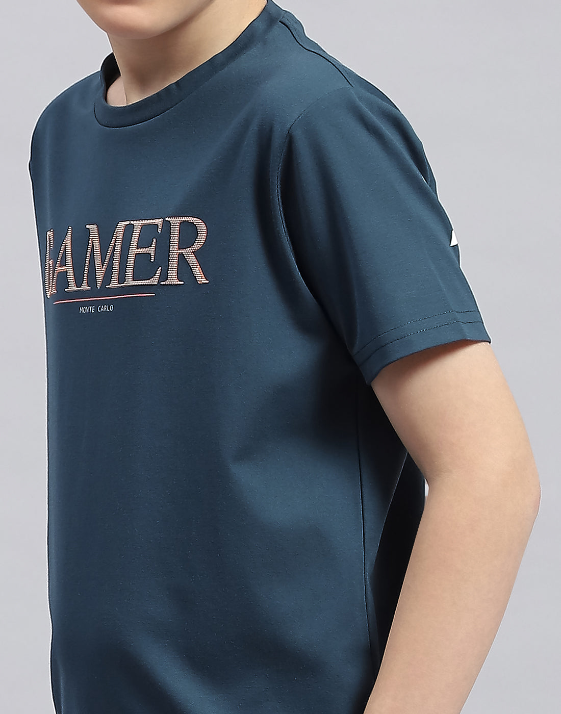 Boys Teal Blue Printed Round Neck Half Sleeve T-Shirt