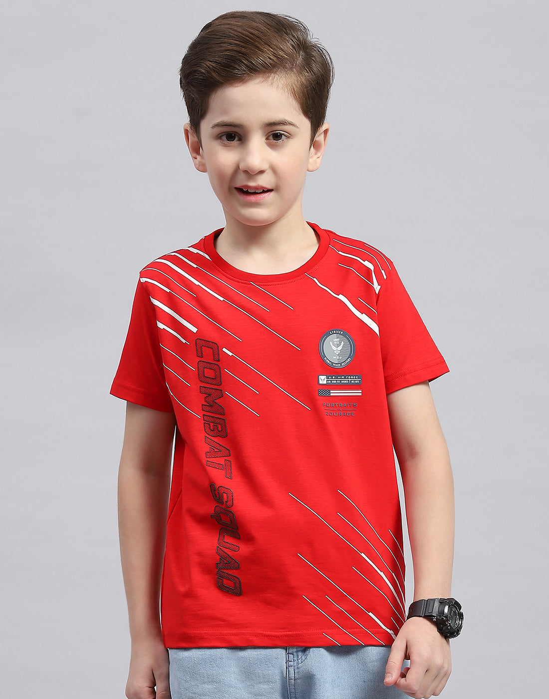 Boys Red Printed Round Neck Half Sleeve T-Shirt