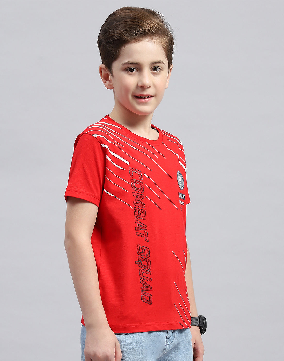 Boys Red Printed Round Neck Half Sleeve T-Shirt
