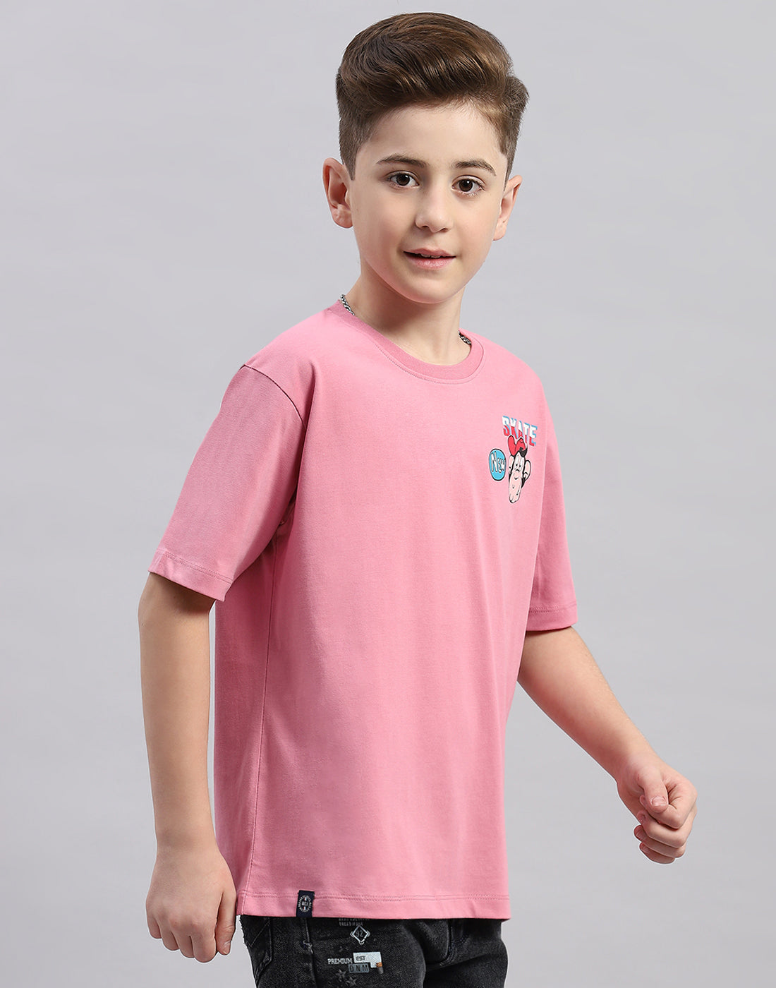 Boys Pink Printed Round Neck Half Sleeve T-Shirt