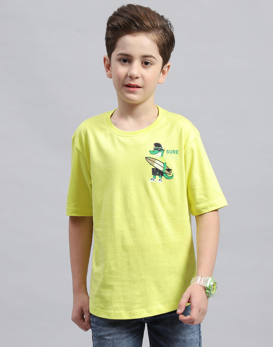 Boys Green Printed Round Neck Half Sleeve T-Shirt