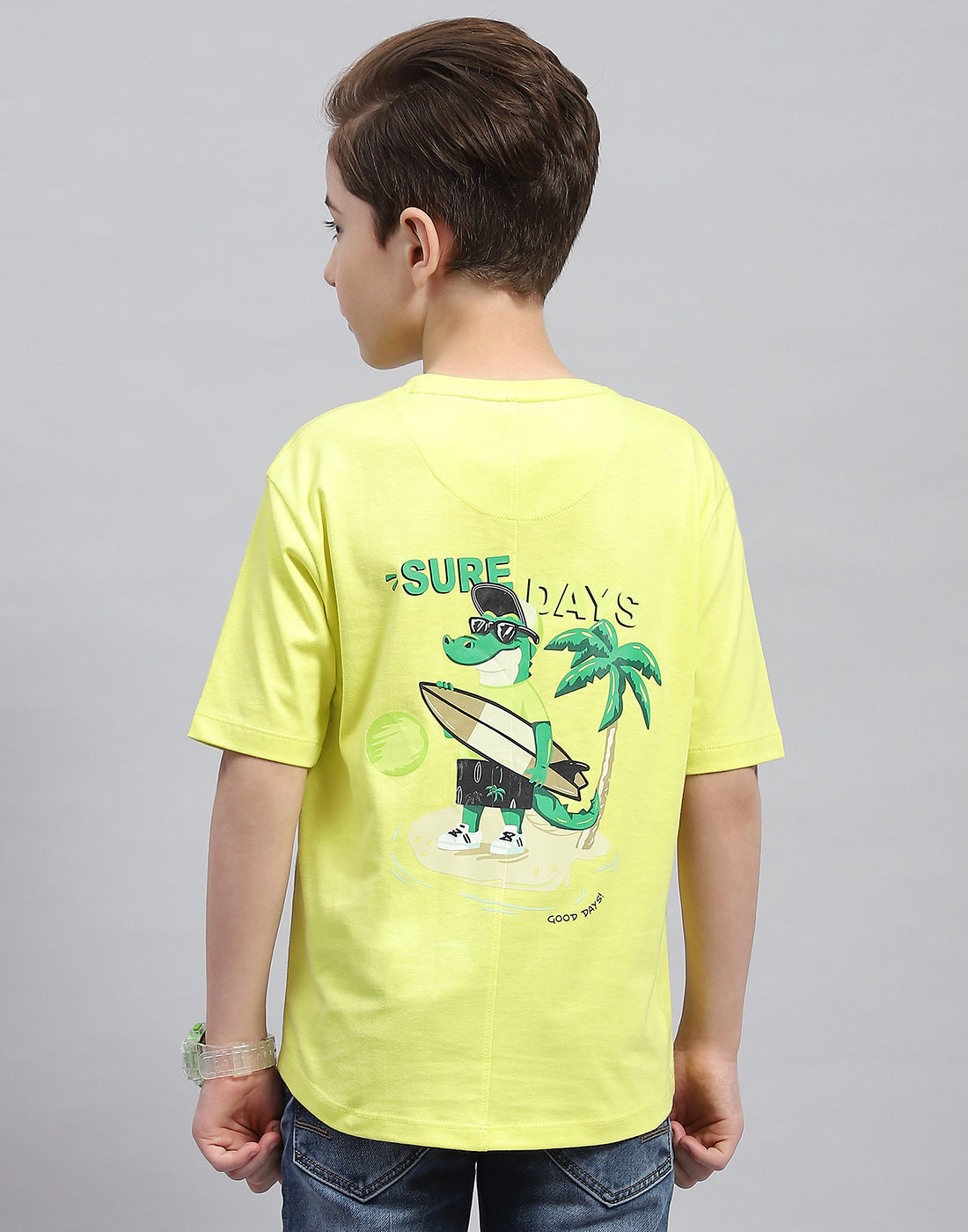 Boys Green Printed Round Neck Half Sleeve T-Shirt
