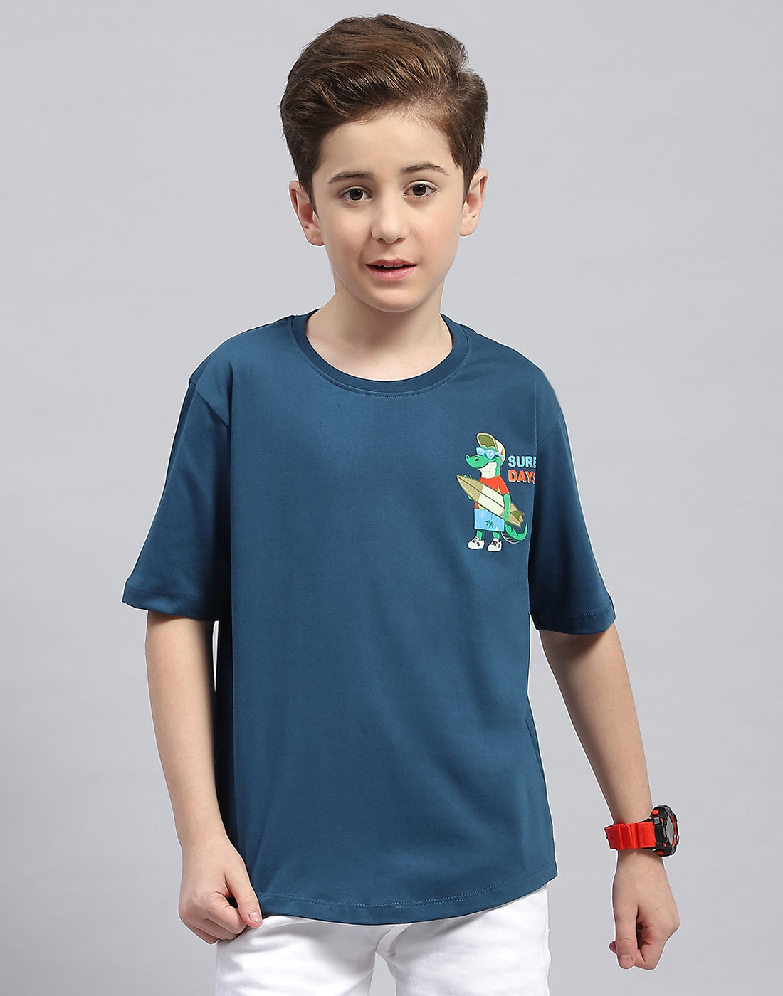Boys Teal Blue Printed Round Neck Half Sleeve T-Shirt