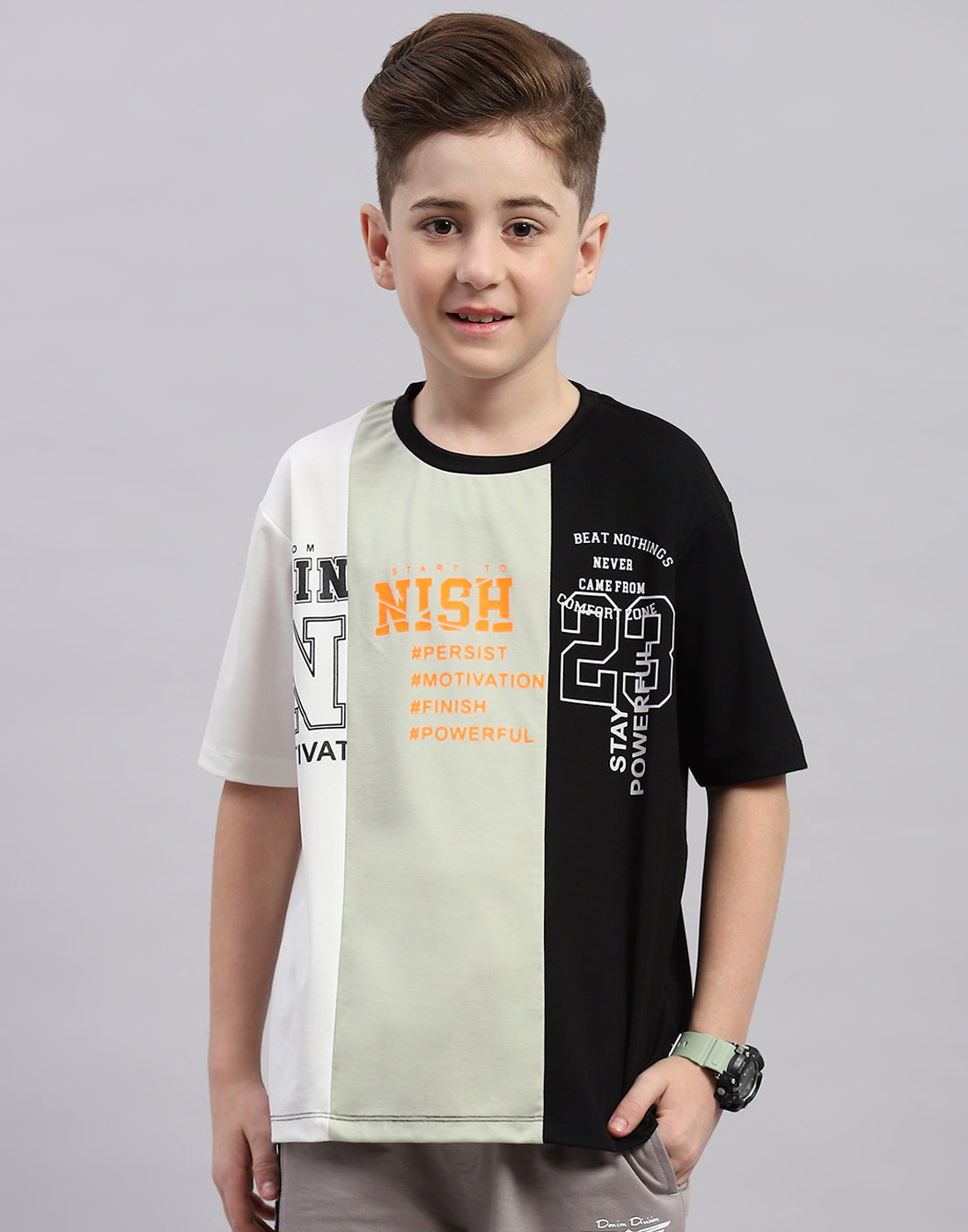 Boys Black Printed Round Neck Half Sleeve T-Shirt