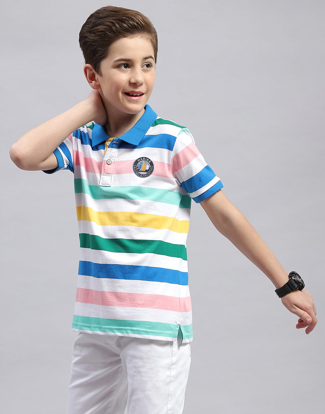 Boys White & Royal Blue Stripe Polo Collar Half Sleeve T-Shirt