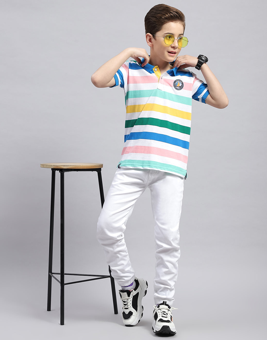 Boys White & Royal Blue Stripe Polo Collar Half Sleeve T-Shirt