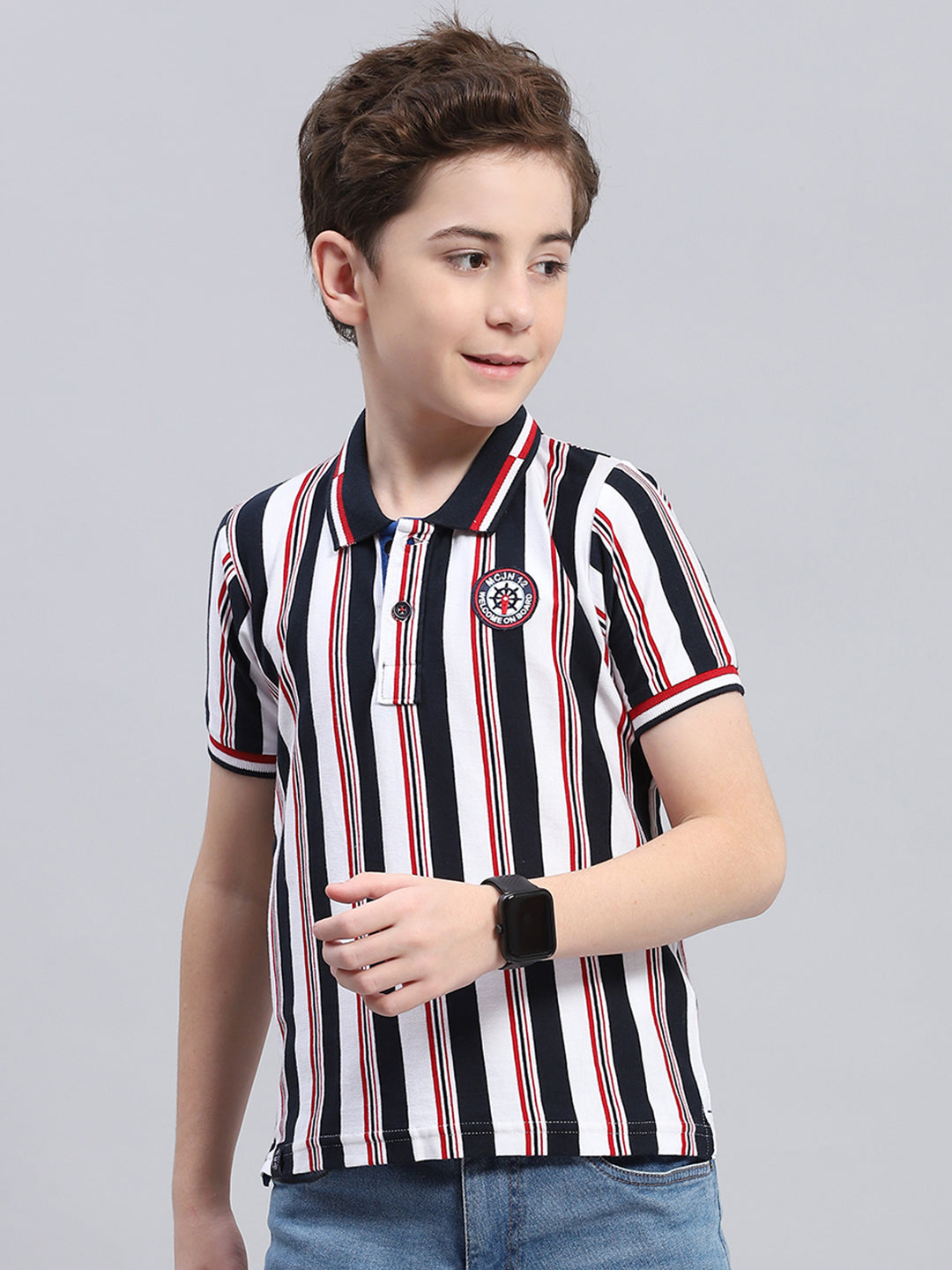 Boys Blue Stripe Collar Half Sleeve T-Shirt
