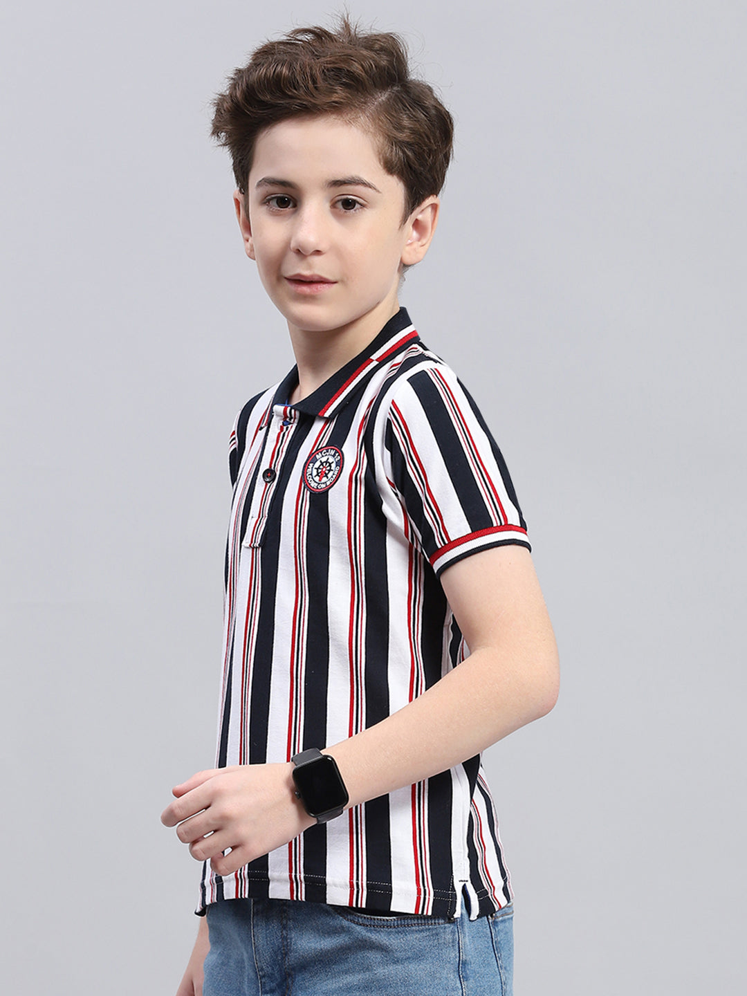 Boys Blue Stripe Collar Half Sleeve T-Shirt