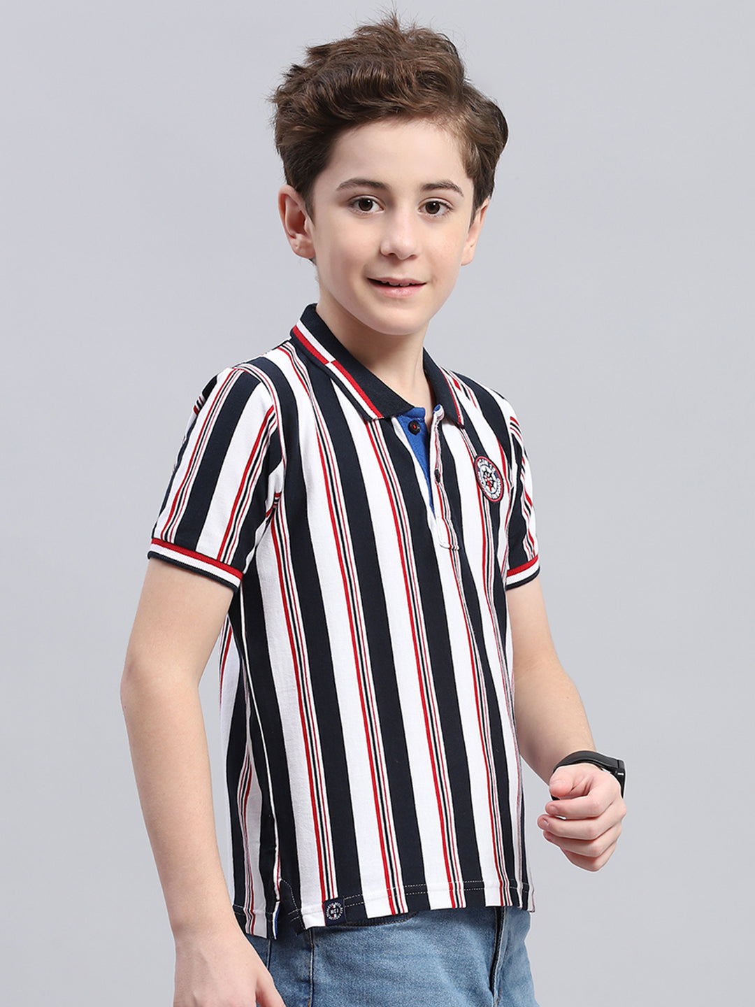 Boys Blue Stripe Collar Half Sleeve T-Shirt