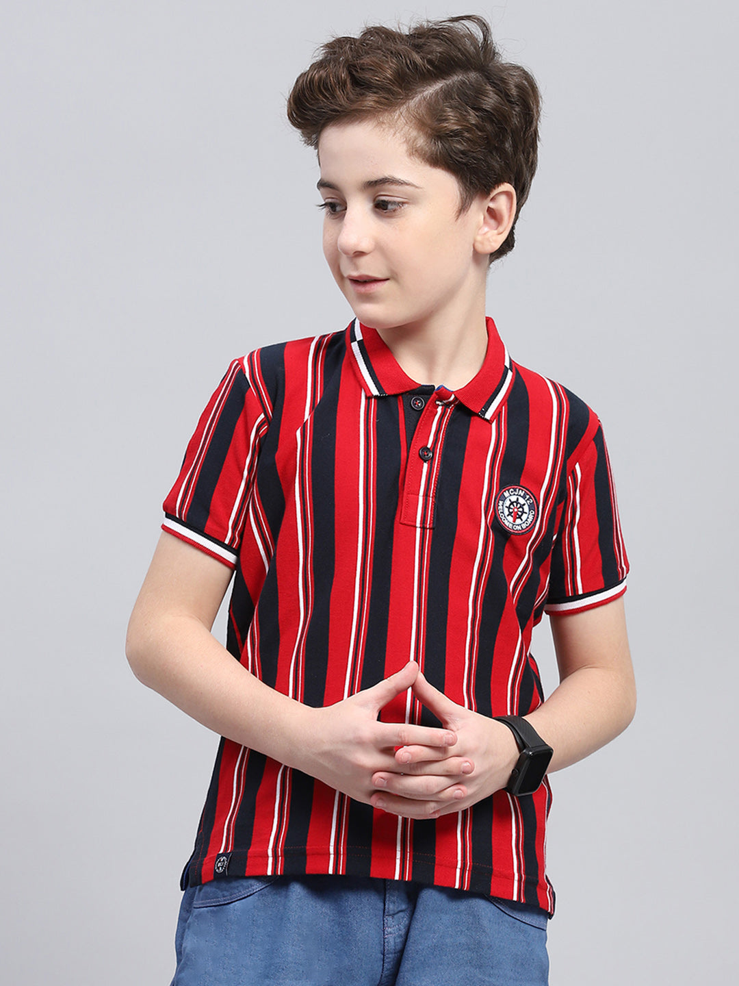 Boys Red Stripe Collar Half Sleeve T-Shirt