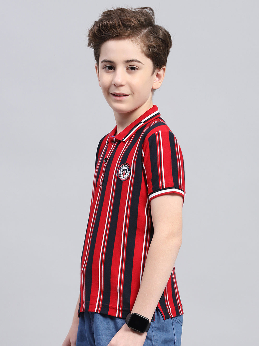 Boys Red Stripe Collar Half Sleeve T-Shirt