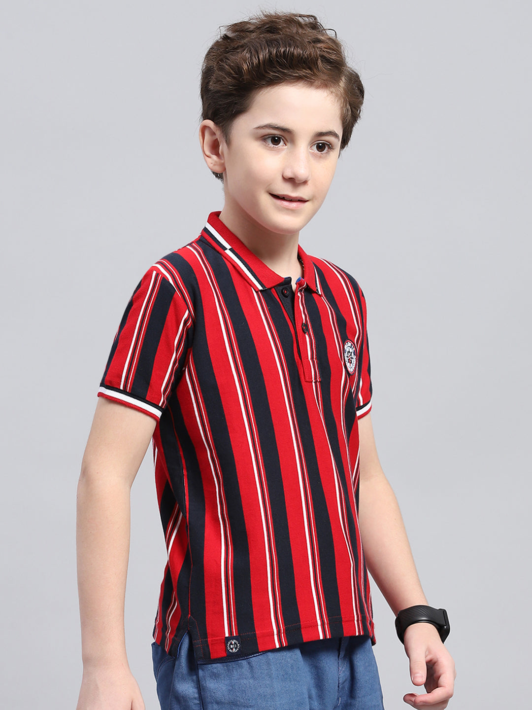 Boys Red Stripe Collar Half Sleeve T-Shirt