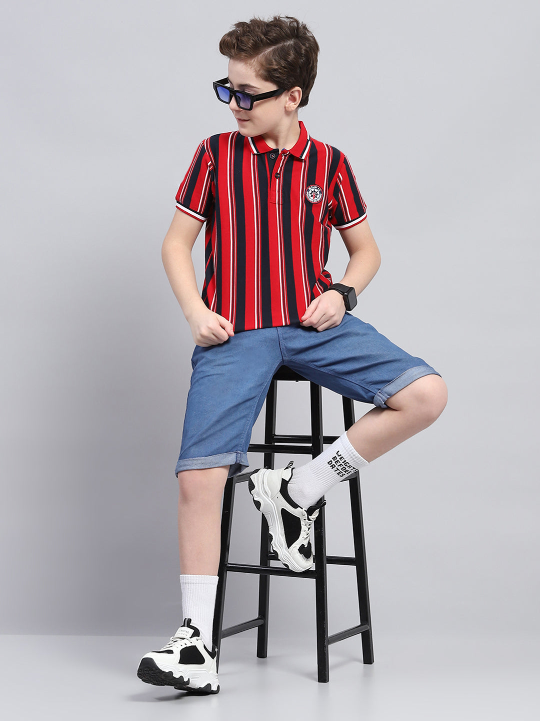 Boys Red Stripe Collar Half Sleeve T-Shirt
