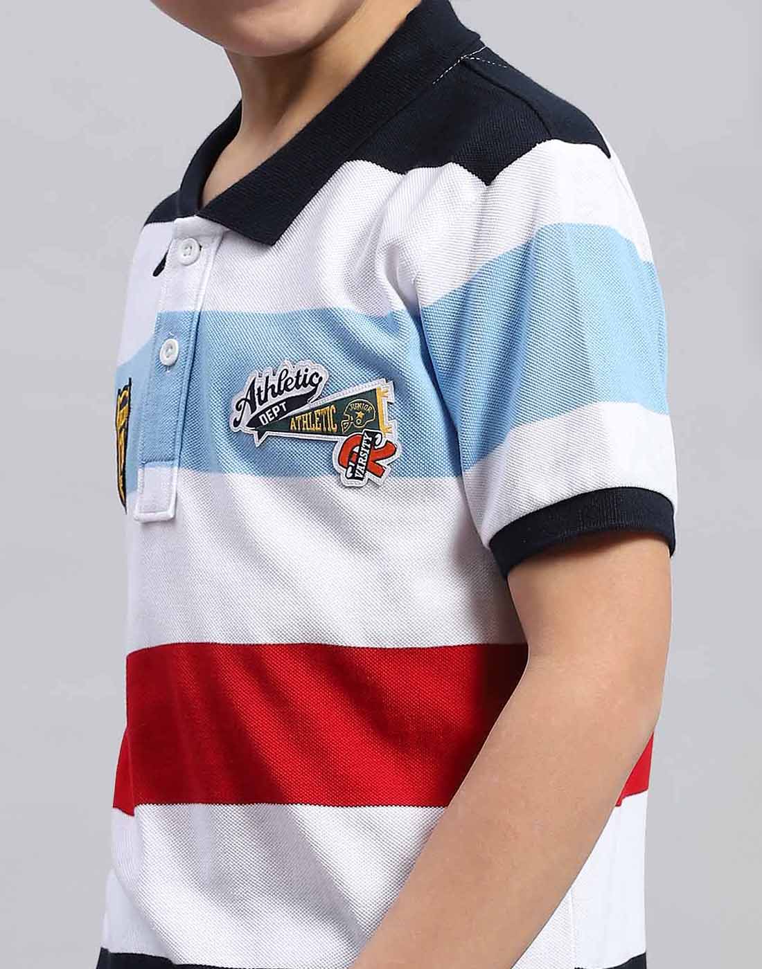 Boys White & Blue Printed Collar Half Sleeve T-Shirt