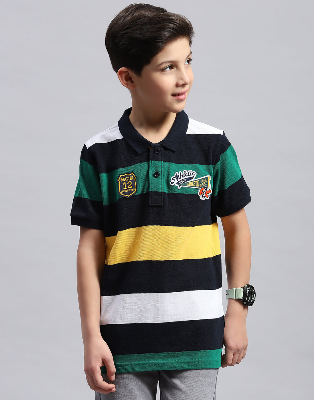 Boys Navy Blue & Green Printed Collar Half Sleeve T-Shirt