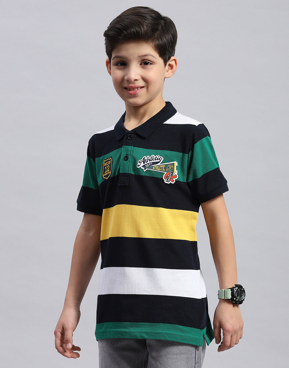 Boys Navy Blue & Green Printed Collar Half Sleeve T-Shirt