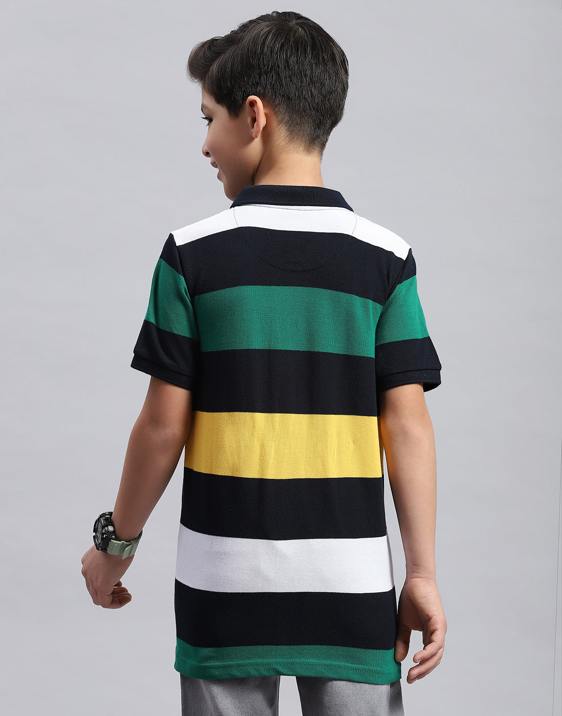 Boys Navy Blue & Green Printed Collar Half Sleeve T-Shirt