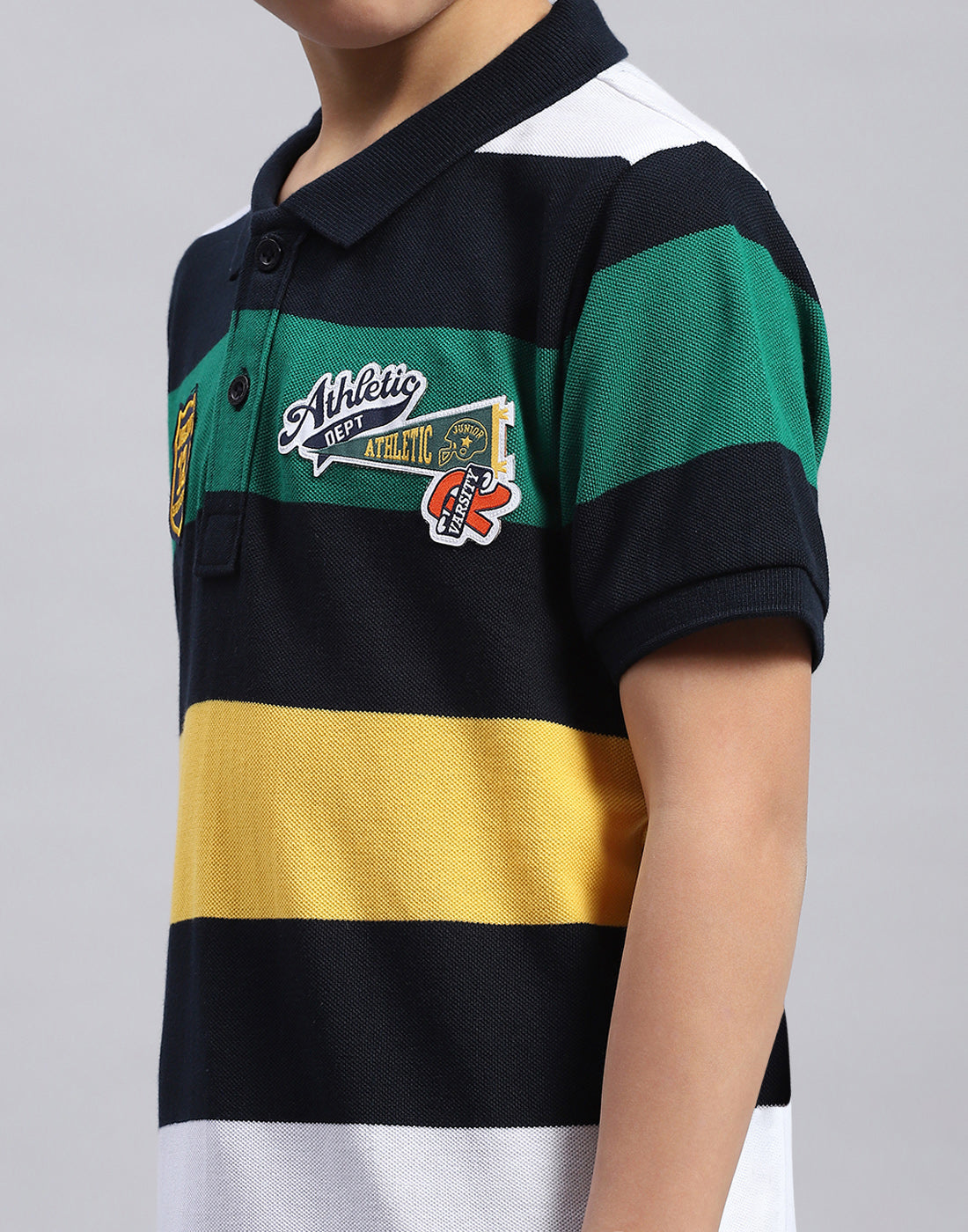 Boys Navy Blue & Green Printed Collar Half Sleeve T-Shirt