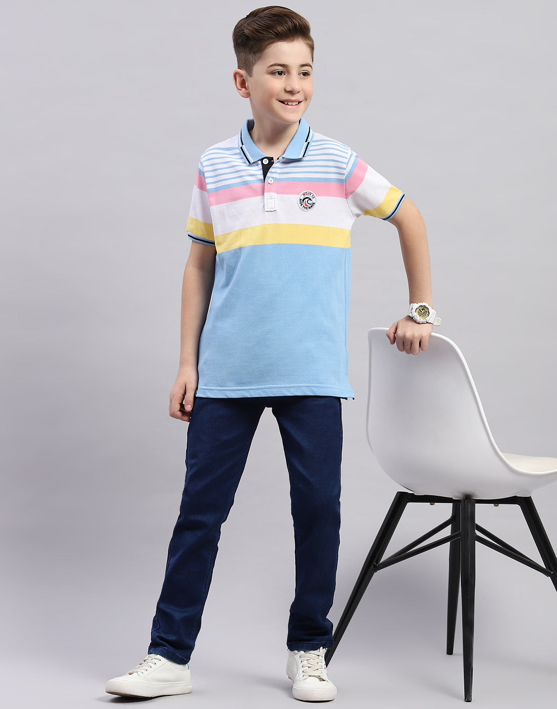 Boys Blue Stripe Polo Collar Half Sleeve T-Shirt