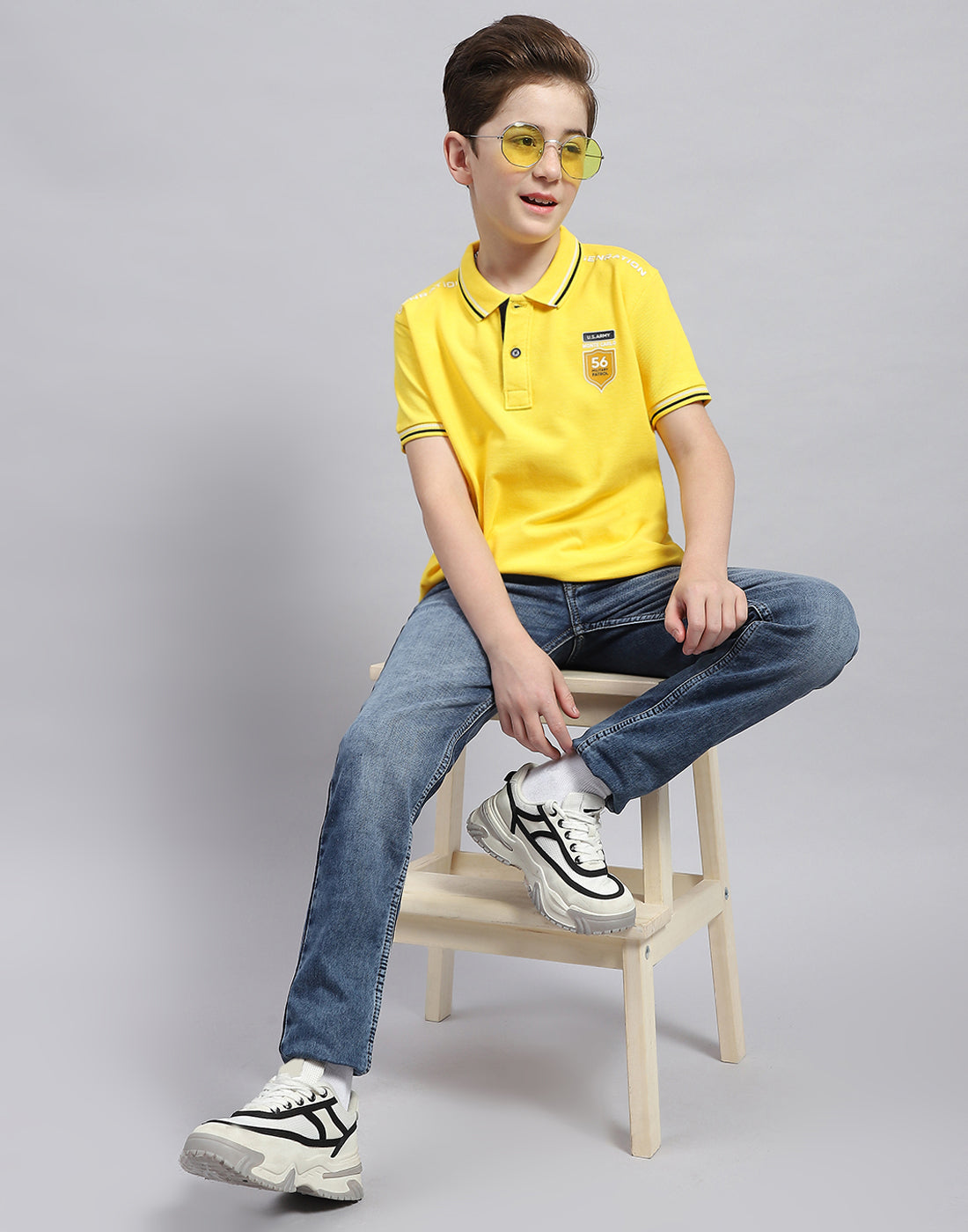 Boys Yellow Printed Polo Collar Half Sleeve T-Shirt